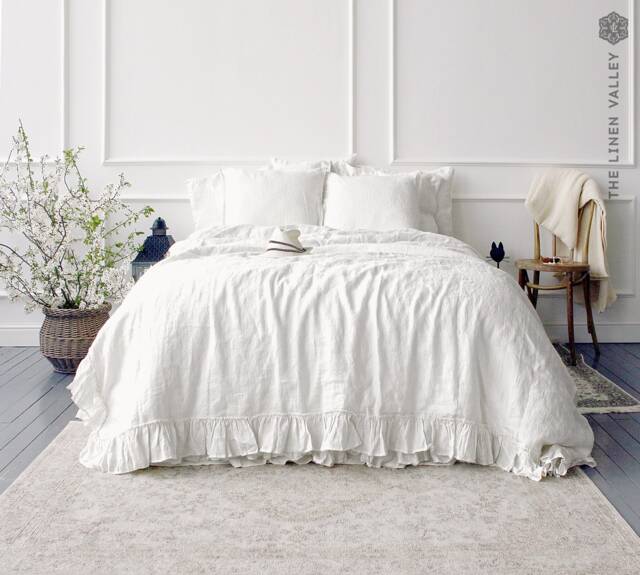Optical White Linen Comforter Cover-True Ruffle Bedding - Ruffled Off Queen/King Size Doona Cover-French Ruffled Duvet - image 1