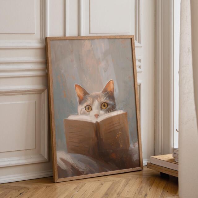 Bookish Wall Art - Cat Reading Book Print Lover Poster - image 1