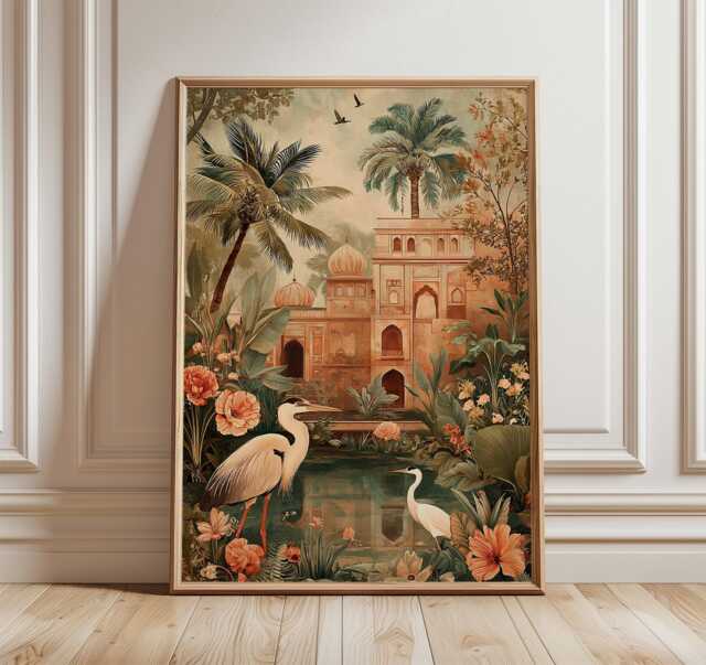 Tropical Heron Poster, Exotic Botanical Wall Art Print in Detailed Illustration Style - image 1