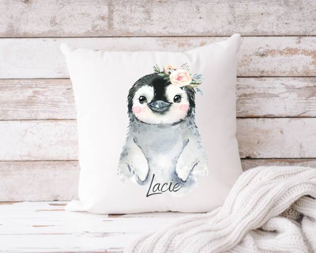 Children's Snow Penguin Cushion Personalised Snow - Boys & Girls Bedroom Gift New Baby Shower Nursery Decor - image 1