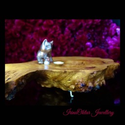 Handmade Birch Burl Candle Holder Decorated With A Bronze Cat, Home Decor Piece
