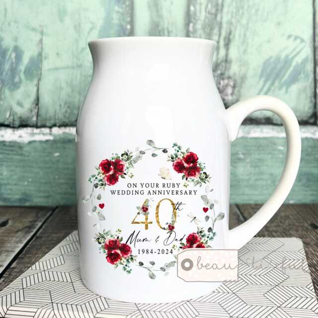 Personalised Ruby Wedding Anniversary Gift 1st 25 50 40 60 Silver Golden Diamond Floral Ceramic Small Vase Jug Mug - image 1