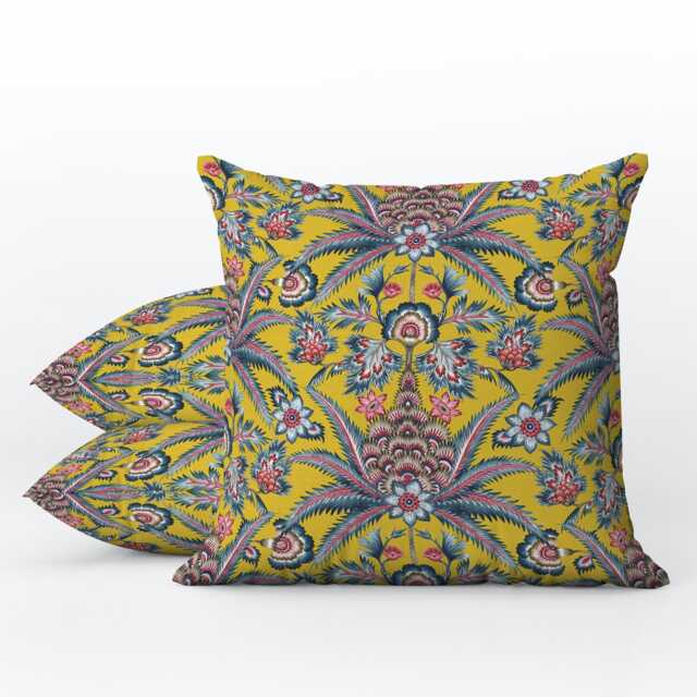 Outdoor Pillows - Weatherproof Garden Cushions Chintz Floral Pattern Les Palmiers Ochre Yellow Print Traditional Vintage Style - image 1