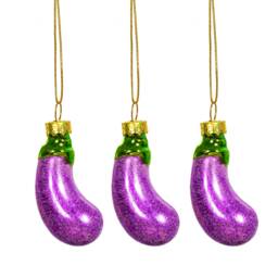 Mini Aubergine Eggplant Glass Christmas Tree Hanging Decorations - Set Of 3 - Festive Winter Food Foodie Chef Purple Sparkle Glitter Gift
