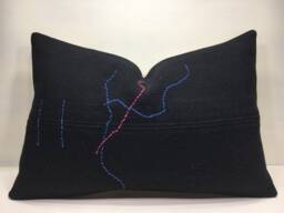 Vintage Turkish Kilim Pillow, Black Embroidered Lumbar Cushion - 16x24 - thumbnail 1