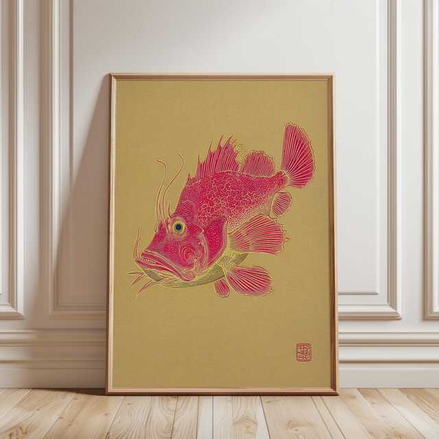 Red Fish Illustration Poster, Japanese Line Art Print - image 1