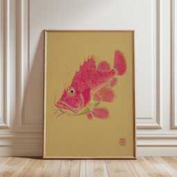 Red Fish Illustration Poster, Japanese Line Art Print - thumbnail 1