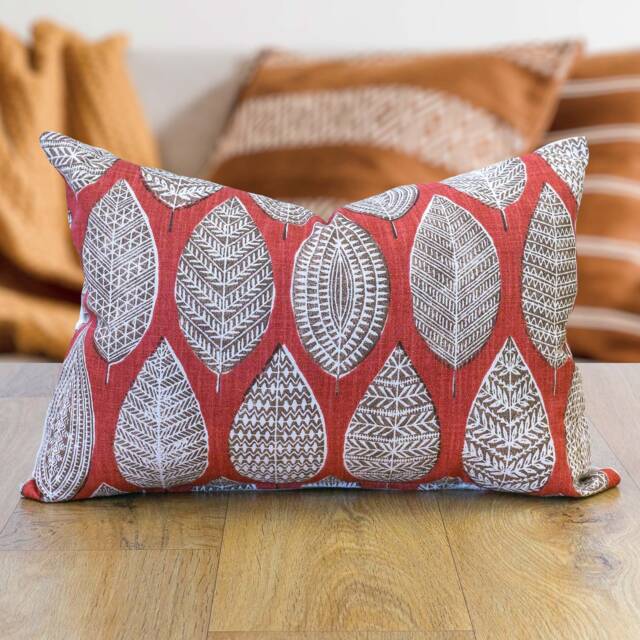 Indira Leaf Print Boudoir Cushion. Scarlet Red Indonesian Inspired Block-Print Botanical Design. Eco-Friendly Cotton. 17x12 - image 1