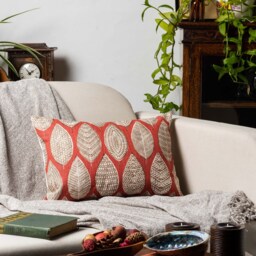 Indira Leaf Print Boudoir Cushion. Scarlet Red Indonesian Inspired Block-Print Botanical Design. Eco-Friendly Cotton. 17x12 - thumbnail 4