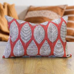 Indira Leaf Print Boudoir Cushion. Scarlet Red Indonesian Inspired Block-Print Botanical Design. Eco-Friendly Cotton. 17x12