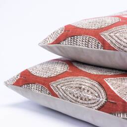 Indira Leaf Print Boudoir Cushion. Scarlet Red Indonesian Inspired Block-Print Botanical Design. Eco-Friendly Cotton. 17x12 - thumbnail 2