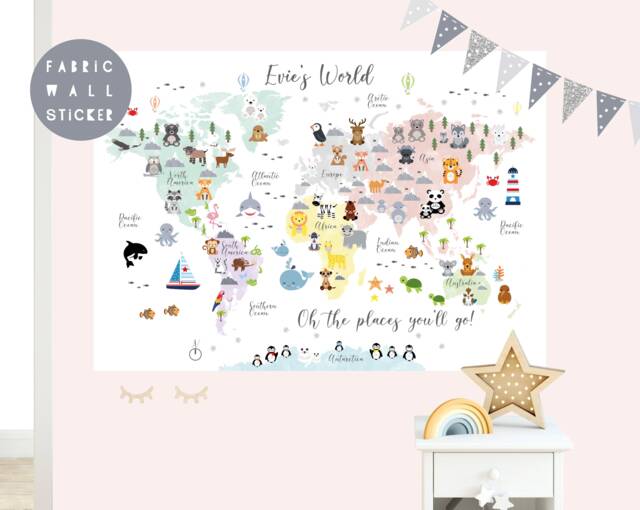 Animal World Map Fabric Wall Sticker Nursery Art - image 1