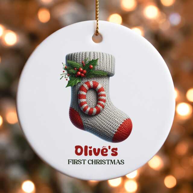 Personalized Baby's First Christmas Ornament Knitted Sock Keepsake - image 1