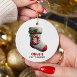 Personalized Baby's First Christmas Ornament Knitted Sock Keepsake - thumbnail 3