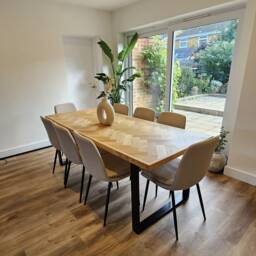 Oak Handmade Parquet Dining Table Or Desk & Industrial Style Legs Chevron Wooden Rustic - thumbnail 3