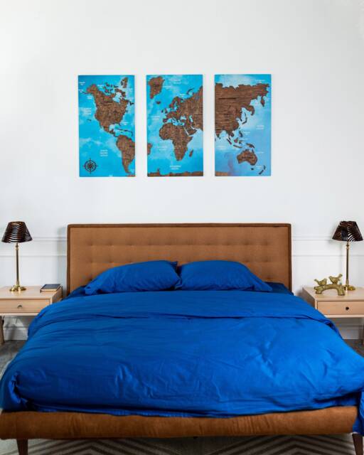 3 Piece Wall Art Above Bed Decor, Wood World Map 5Th Anniversary Gift, Large Push Pin Apartment Decor Set Of Prints - image 1