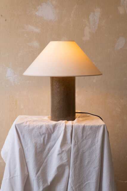 Handmade Ceramic Table Lamp, A Lighting & Decorative Object. Green Brown Base White Canvas Shade - image 1