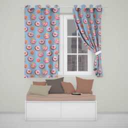 Cute Kawaii Donuts Blue Background Sweet Dessert Seamless Pattern Readymade Eyelet Ring Top Thermal 100% Blackout Curtains - thumbnail 1