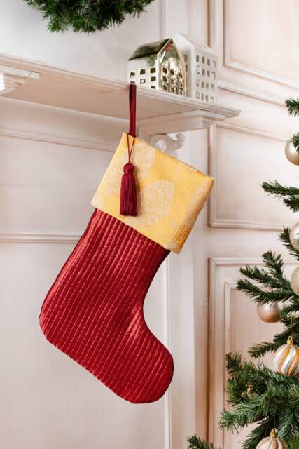 Burgundy Christmas Stocking With Gold Leaf Fabric Cuff - image 1