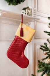 Burgundy Christmas Stocking With Gold Leaf Fabric Cuff - thumbnail 1