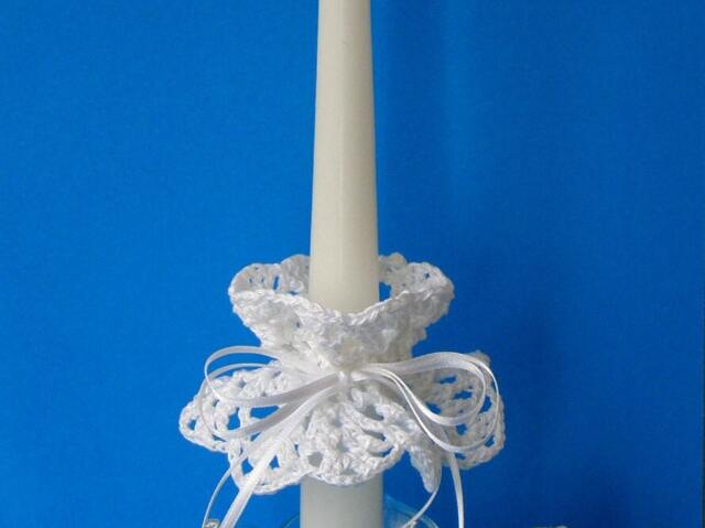Candle Is Not Included Decoration Christening Baptism First Communion Confirmation Hand Crocheted White Candle - image 1