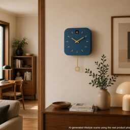 Minimalist Cuckoo Clock, Fresco Blue Wall Clock With Brass Details, Modern Home D??cor - thumbnail 4