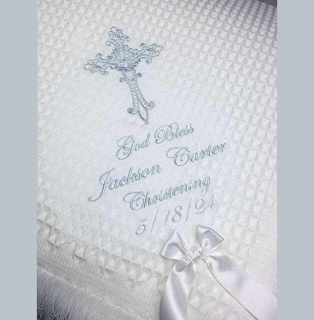 Baptizm Christening Blanket Shawl With Name, Cross White Irish English Scottish Catholic Orthodox Armenian Designs + Matching Bibs - image 1