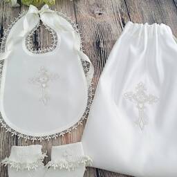 Baptizm Christening Blanket Shawl With Name, Cross White Irish English Scottish Catholic Orthodox Armenian Designs + Matching Bibs - thumbnail 4