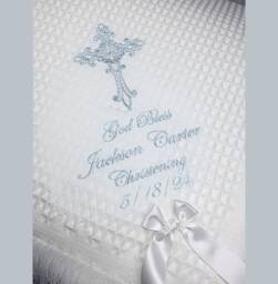 Baptizm Christening Blanket Shawl With Name, Cross White Irish English Scottish Catholic Orthodox Armenian Designs + Matching Bibs