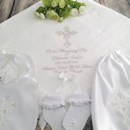 Baptizm Christening Blanket Shawl With Name, Cross White Irish English Scottish Catholic Orthodox Armenian Designs + Matching Bibs - thumbnail 3