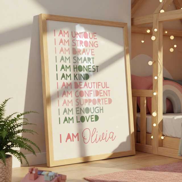 Girls Affirmation Print, Bedroom Decor, Positive Prints, Personalised, Nursery Wall Art, Gifts For Her, Pink & Green, Print - image 1