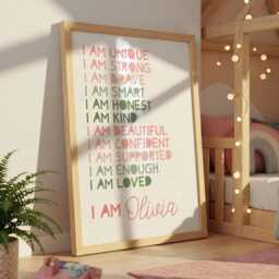 Girls Affirmation Print, Bedroom Decor, Positive Prints, Personalised, Nursery Wall Art, Gifts For Her, Pink & Green, Print - thumbnail 1