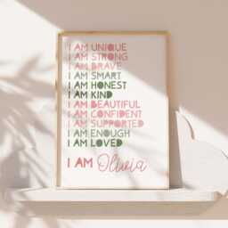 Girls Affirmation Print, Bedroom Decor, Positive Prints, Personalised, Nursery Wall Art, Gifts For Her, Pink & Green, Print - thumbnail 3