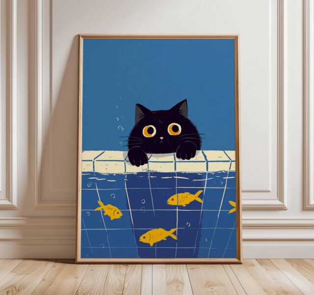 Cute Black Cat Wall Art Print With Goldfish, Whimsical Animal Illustration Poster, Modern Contemporary Poster - image 1