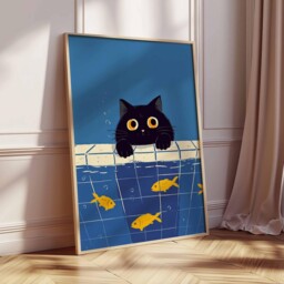 Cute Black Cat Wall Art Print With Goldfish, Whimsical Animal Illustration Poster, Modern Contemporary Poster - thumbnail 2