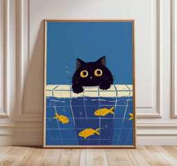 Cute Black Cat Wall Art Print With Goldfish, Whimsical Animal Illustration Poster, Modern Contemporary Poster - thumbnail 1