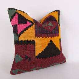 Vintage Turkish Kilim Pillow Cover Handwoven Wool Throw - 16''x16'' - thumbnail 3