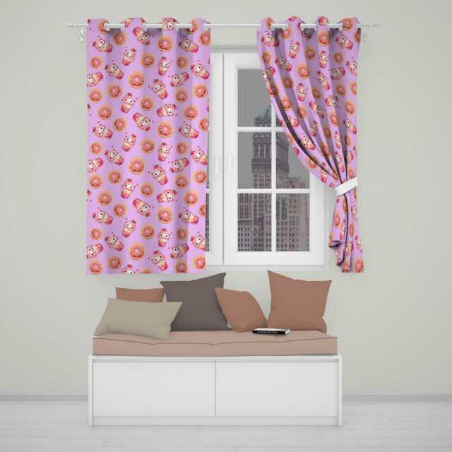 Cute Kawaii Donut & Strawberry Drink Seamless Pattern Purple Background Readymade Eyelet Ring Top Thermal 100% Blackout Curtains - image 1