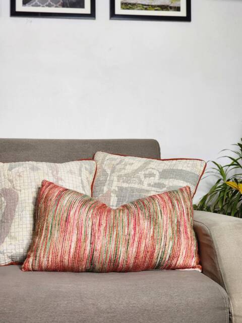 Handloom Lumbar Pillow Cover Red Pink Grey Woven Boho Cushion - image 1