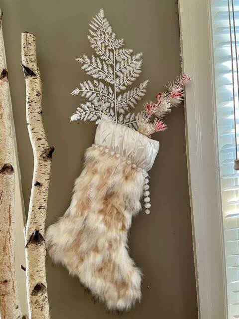 Handmade Faux Fur Christmas Stocking, Satin Cuff, Bead Trim - image 1