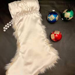 Handmade Faux Fur Christmas Stocking, Satin Cuff, Bead Trim - thumbnail 3