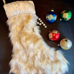 Handmade Faux Fur Christmas Stocking, Satin Cuff, Bead Trim - thumbnail 2