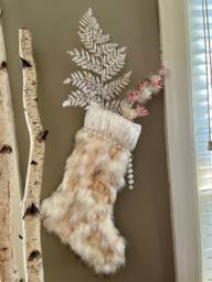 Handmade Faux Fur Christmas Stocking, Satin Cuff, Bead Trim - thumbnail 1