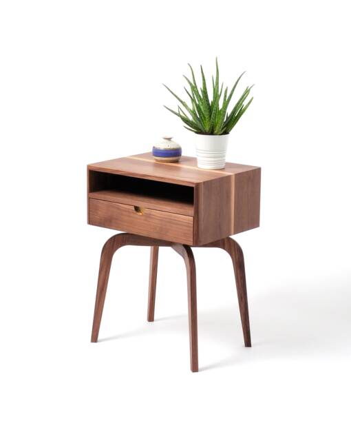 Mid Century Nightstand Solid Wood Bedside Table With Drawer Shelf Brass Handle Handmade - image 1