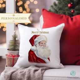 Personalised Father Christmas Cushion, Traditional Santa Pillow, Family Xmas Home Decor
