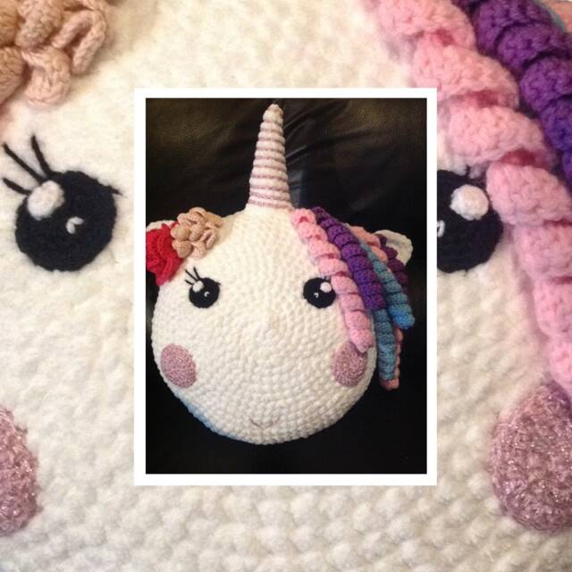 Cute Crochet Soft Unicorn Round Cushion With Flowers & Sparkle - image 1
