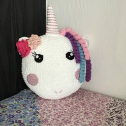 Cute Crochet Soft Unicorn Round Cushion With Flowers & Sparkle - thumbnail 2