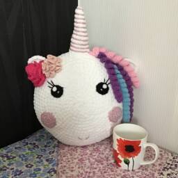 Cute Crochet Soft Unicorn Round Cushion With Flowers & Sparkle - thumbnail 3