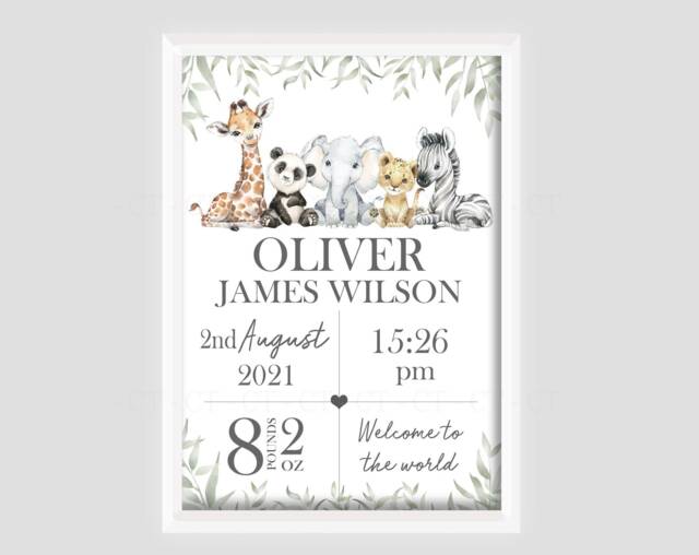 Personalised Safari Animal Zoo Jungle Decor Boy Print Unframed Birth Gift New Baby Keepsake Lion Elephant Giraffe Zebra - image 1