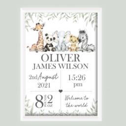 Personalised Safari Animal Zoo Jungle Decor Boy Print Unframed Birth Gift New Baby Keepsake Lion Elephant Giraffe Zebra - thumbnail 2